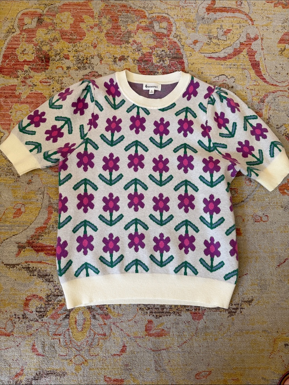 &merci Women’s Cream Floral Knit Short-Sleeve Sweater